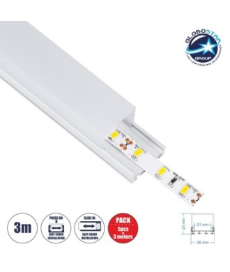GloboStar® SURFACEPENDANT-PROFILE 70848-3M Προφίλ Αλουμινίου - Βάση & Ψύκτρα Ταινίας LED με Λευκό Γαλακτερό Κάλυμμα - Επιφανειακή & Κρεμαστή Χρήση - Πατητό Κάλυμμα - Λευκό - 3 Μέτρα - Πακέτο 5 Τεμαχίων - Μ300 x Π2.6 x Υ2.3cm